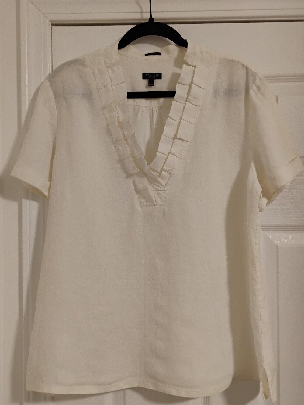 Talbots Women's Pure Irish Linen Ruffle V-Neck Short Sleeve Blouse White Size L